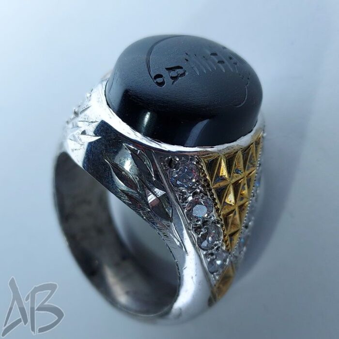 انگشتر نقره شرف شمس عقیق جزع یمنی دست‌ساز خط سهش کد 102 - Image 5