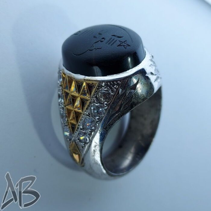 انگشتر نقره شرف شمس عقیق جزع یمنی دست‌ساز خط سهش کد 102 - Image 6