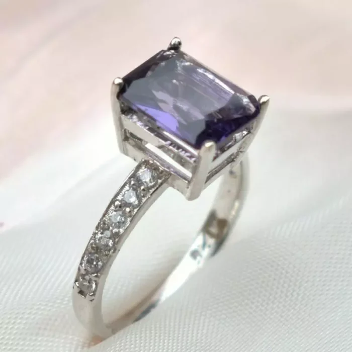 انگشتر نقره زنانه با نگین چهارگوش بنفش، کد 417 - Image 3
