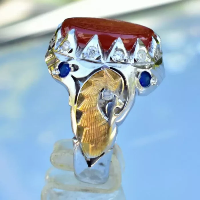 انگشتر نقره دست‌ساز 925 مردانه خطی عقیق یمنی مزین به آیه مَن یَتَق الله - Image 2