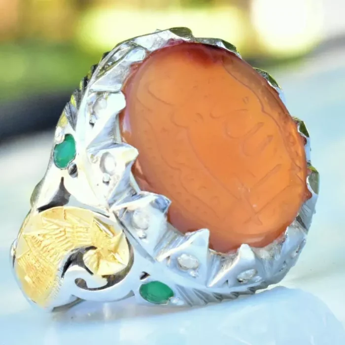 انگشتر نقره مردانه دست‌ساز 925 نگین عقیق یمنی خطی مزین به ذکر الحمدلله - Image 2