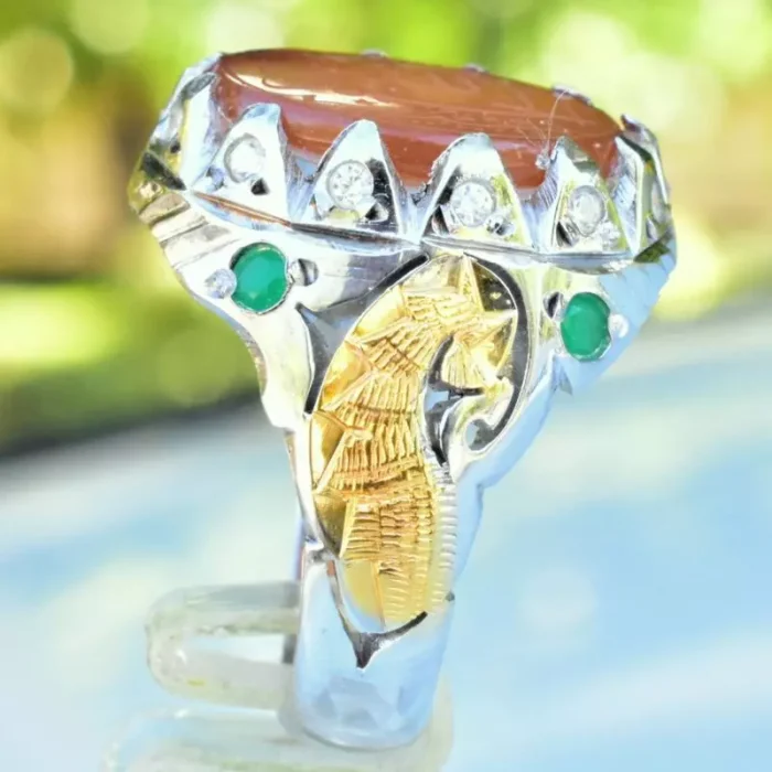 انگشتر نقره مردانه دست‌ساز 925 نگین عقیق یمنی خطی مزین به ذکر الحمدلله - Image 3