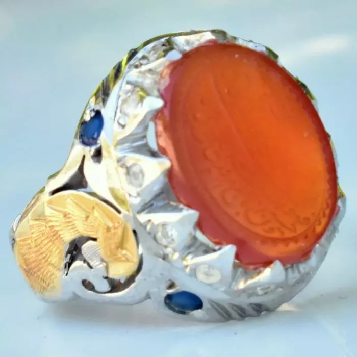 انگشتر نقره دست‌ساز 925 مردانه خطی عقیق یمنی مزین به آیه مَن یَتَق الله - Image 4