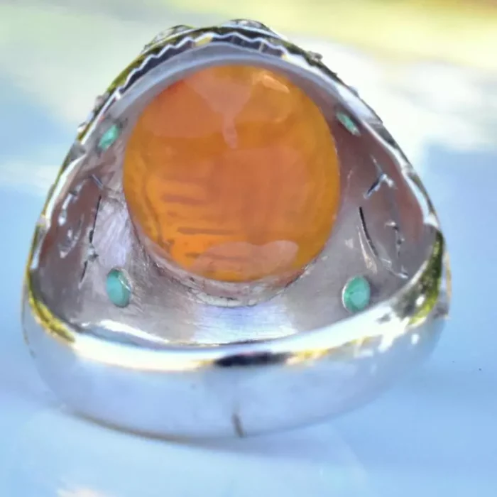 انگشتر نقره مردانه دست‌ساز 925 نگین عقیق یمنی خطی مزین به ذکر الحمدلله - Image 4