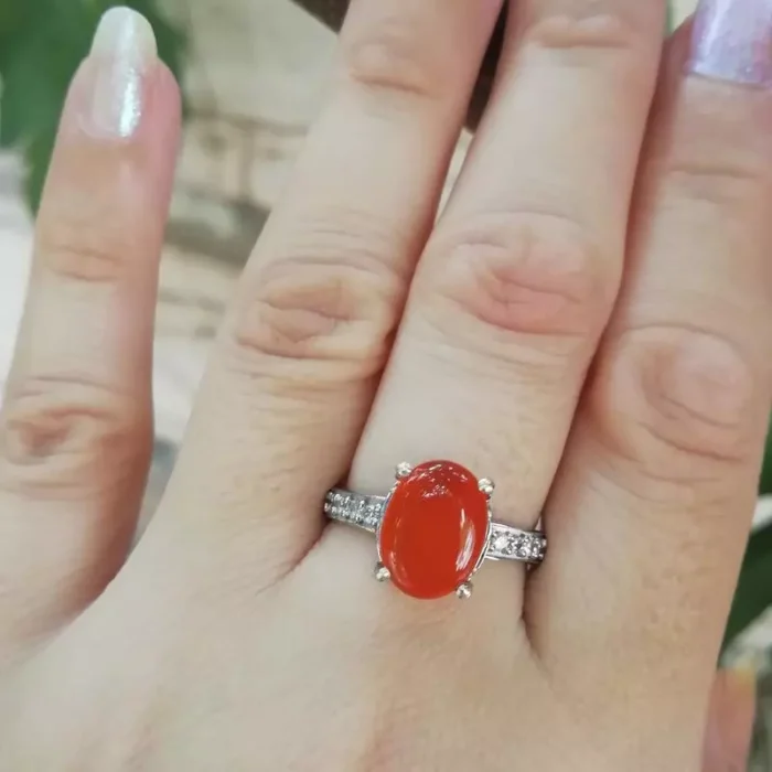 انگشتر نقره زنانه با نگین عقیق یمنی اصل آبکاری شده، کد 528 - Image 5