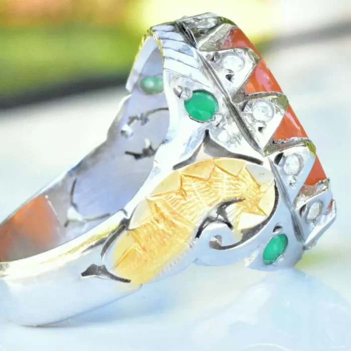 انگشتر نقره مردانه دست‌ساز 925 نگین عقیق یمنی خطی مزین به ذکر الحمدلله - Image 5