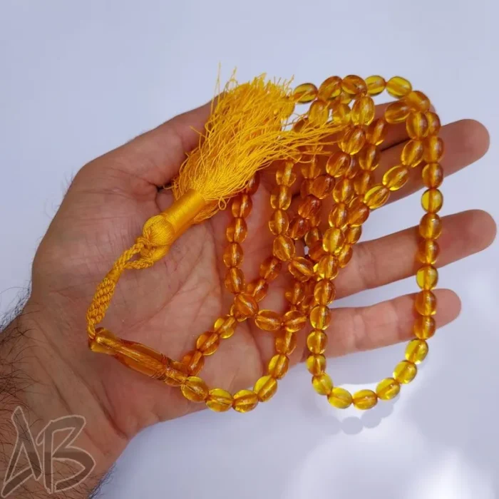 تسبیح سندلوس صد دانه (101 دانه) زردبودار تراش تخم مرغی سندانی کد 884 آقابزرگ - Image 4