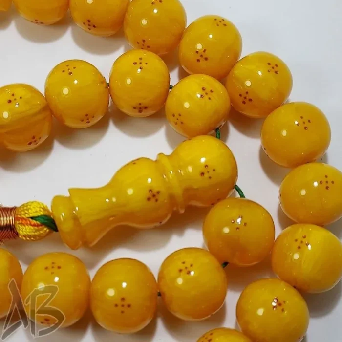 تسبیح سندلوس 33 دانه بودار تراش گرد زرد کهربایی داغ دار کد 828 آقابزرگ - Image 6