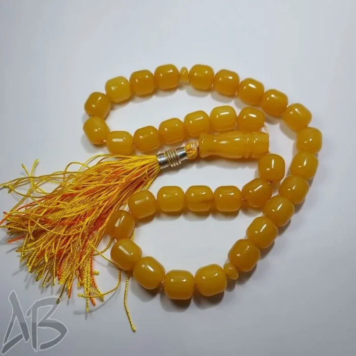 تسبیح سندلوس 33 دانه بودار تراش استوانه ای زرد کهربایی خوش تراش کد 831 آقابزرگ - Image 3