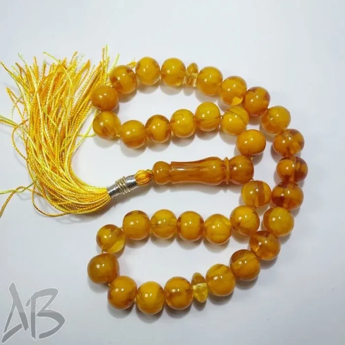 تسبیح سندلوس 33 دانه بودار تراش گرد زرد کهربایی پرچمی بسیار زیبا کد 834 آقابزرگ - Image 3
