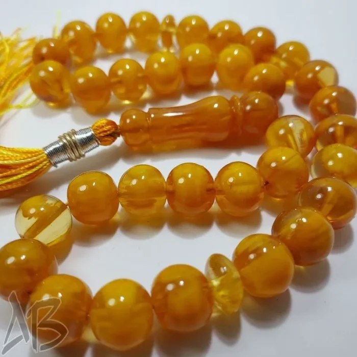 تسبیح سندلوس 33 دانه بودار تراش گرد زرد کهربایی پرچمی بسیار زیبا کد 834 آقابزرگ - Image 4