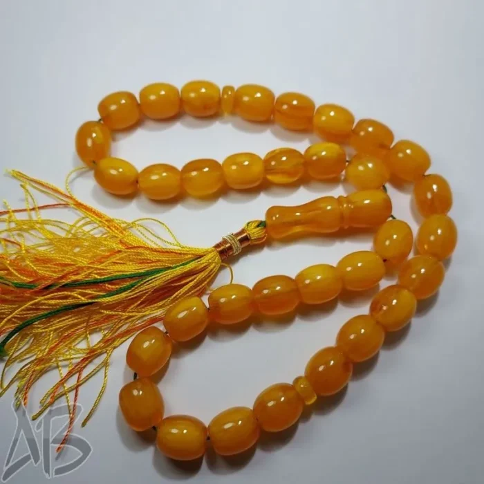 تسبیح سندلوس 33 دانه بودار تراش خربزه‌ای زرد کهربایی خوش دست کد 980 آقابزرگ - Image 3