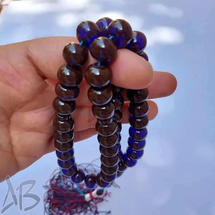تسبیح سندلوس 45دانه بودار دوپوست قهوه‌ای و آبی تیره تراش چرتکه‌ای کد 814 آقابزرگ - Image 5