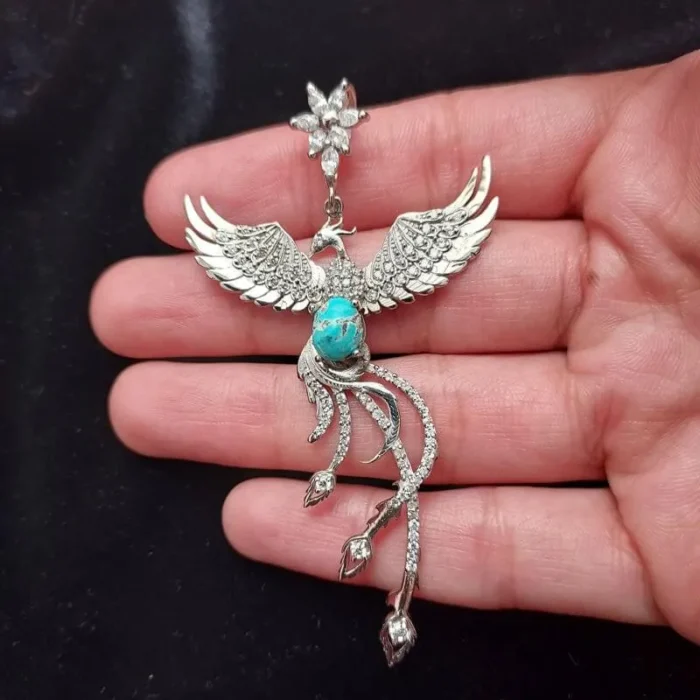 گردنبند یا مدالی نقره زنانه طرح سیمرغ نگین فیروزه نیشابور اصل آقابزرگ کد Med8 - Image 3