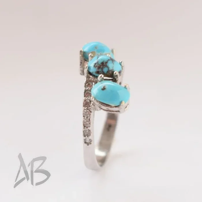 انگشتر نقره زنانه سه نگینه فیروزه نیشابور اصل آقابزرگ کد 582 - Image 4