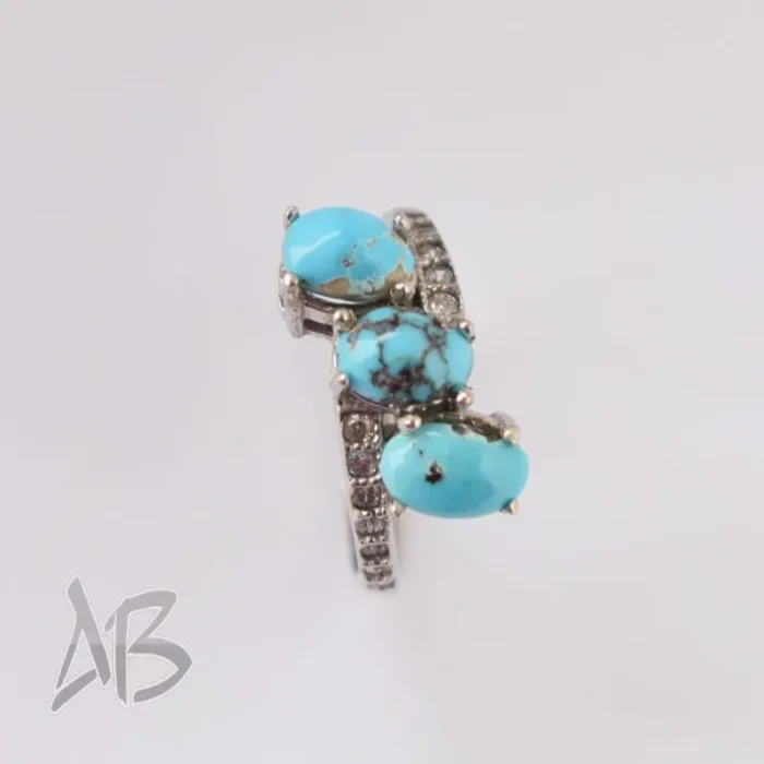 انگشتر نقره زنانه سه نگینه فیروزه نیشابور اصل آقابزرگ کد 582 - Image 5