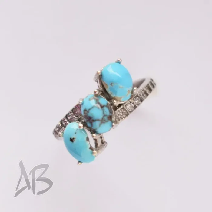 انگشتر نقره زنانه سه نگینه فیروزه نیشابور اصل آقابزرگ کد 582 - Image 6