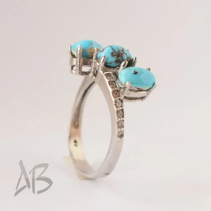 انگشتر نقره زنانه سه نگینه فیروزه نیشابور اصل آقابزرگ کد 582 - Image 8