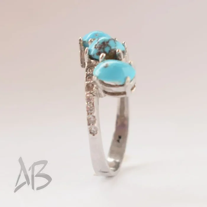 انگشتر نقره زنانه سه نگینه فیروزه نیشابور اصل آقابزرگ کد 582 - Image 7