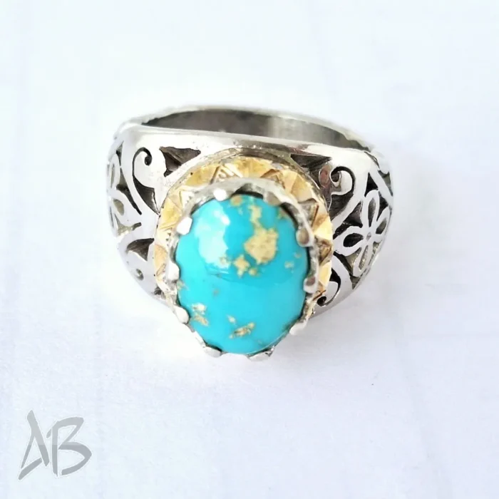 انگشتر مردانه دست‌ساز با نگین فیروزه نیشابور کد 110 - Image 6