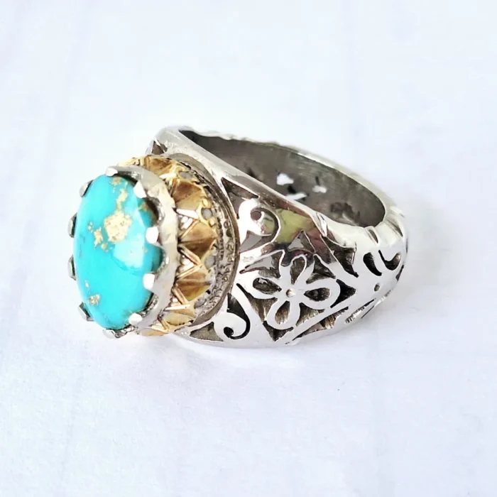 انگشتر مردانه دست‌ساز با نگین فیروزه نیشابور کد 110 - Image 7