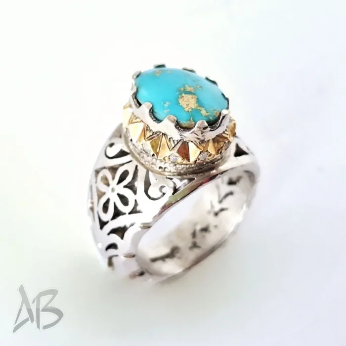 انگشتر مردانه دست‌ساز با نگین فیروزه نیشابور کد 110 - Image 9