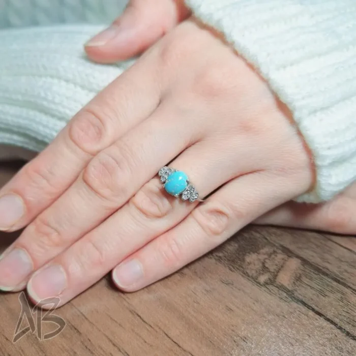 انگشتر نقره زنانه با نگین فیروزه نیشابوری اصل آقابزرگ کد 623 - Image 3