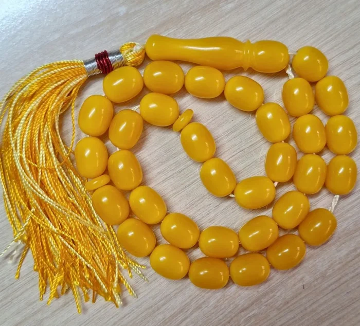 تسبیح سندلوس 33 دانه بودار تراش خربزه‌ای زرد شکیل کد 1028آقابزرگ - Image 5