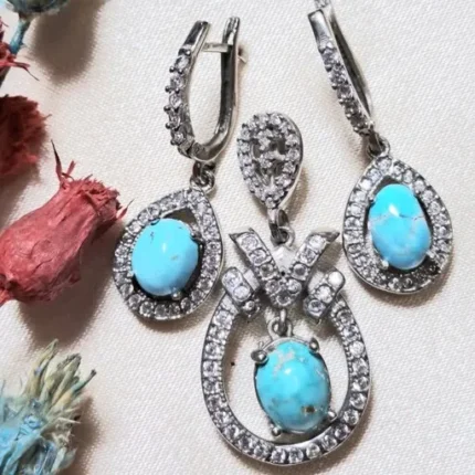 نیم ست نقره فیروزه اصل نیشابوری عیار 925 روکش طلا سفید