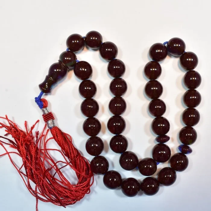 تسبیح سندلوس 33 دانه اصل کد 1064 هنگ کنگی قدیمی سه پوست سبز آبی عنابی بودار گرد آقابزرگ - Image 6