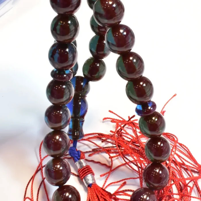 تسبیح سندلوس 33 دانه اصل کد 1064 هنگ کنگی قدیمی سه پوست سبز آبی عنابی بودار گرد آقابزرگ - Image 7