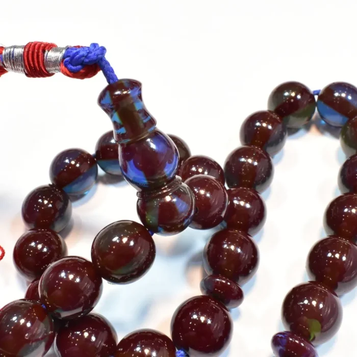 تسبیح سندلوس 33 دانه اصل کد 1064 هنگ کنگی قدیمی سه پوست سبز آبی عنابی بودار گرد آقابزرگ - Image 3