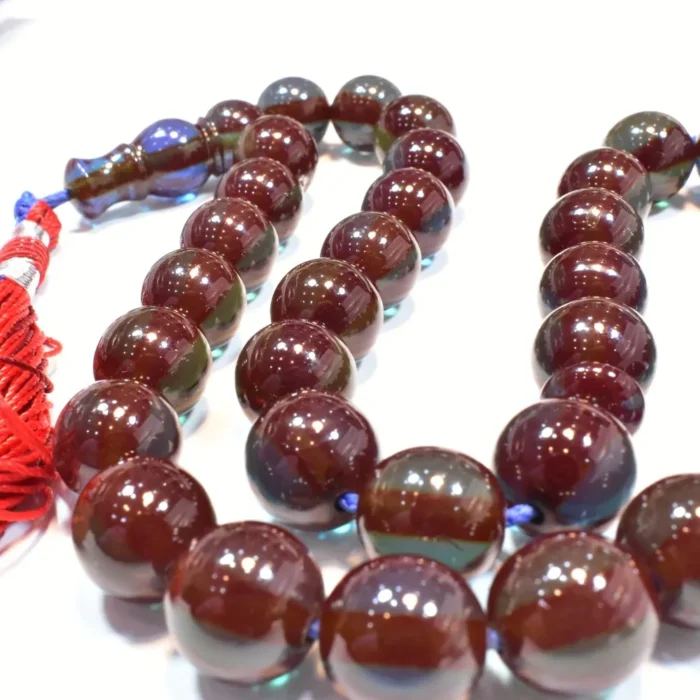 تسبیح سندلوس 33 دانه اصل کد 1064 هنگ کنگی قدیمی سه پوست سبز آبی عنابی بودار گرد آقابزرگ - Image 4