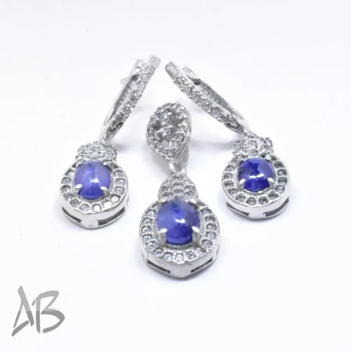 نیم ست نقره نگین یاقوت کبود اصل عیار 925 روکش رودیوم آقابزرگ کد Med26 - Image 3