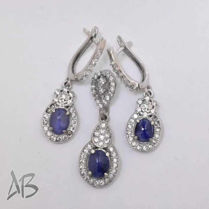 نیم ست نقره نگین یاقوت کبود اصل عیار 925 روکش رودیوم آقابزرگ کد Med26 - Image 4