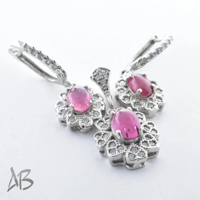 نیم ست نقره یاقوت صورتی آفریقایی اصل دامله (گردنبند و گوشواره) عیار 925 روکش رودیوم آقابزرگ کد Med82 - Image 8