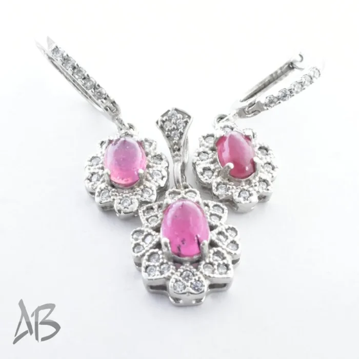 نیم ست نقره یاقوت صورتی آفریقایی اصل دامله (گردنبند و گوشواره) عیار 925 روکش رودیوم آقابزرگ کد Med82 - Image 4