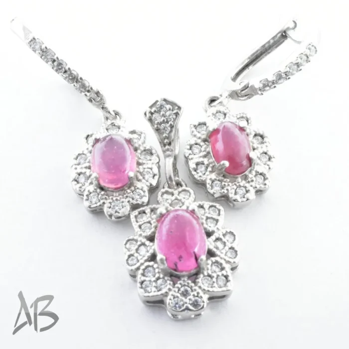 نیم ست نقره یاقوت صورتی آفریقایی اصل دامله (گردنبند و گوشواره) عیار 925 روکش رودیوم آقابزرگ کد Med82 - Image 5