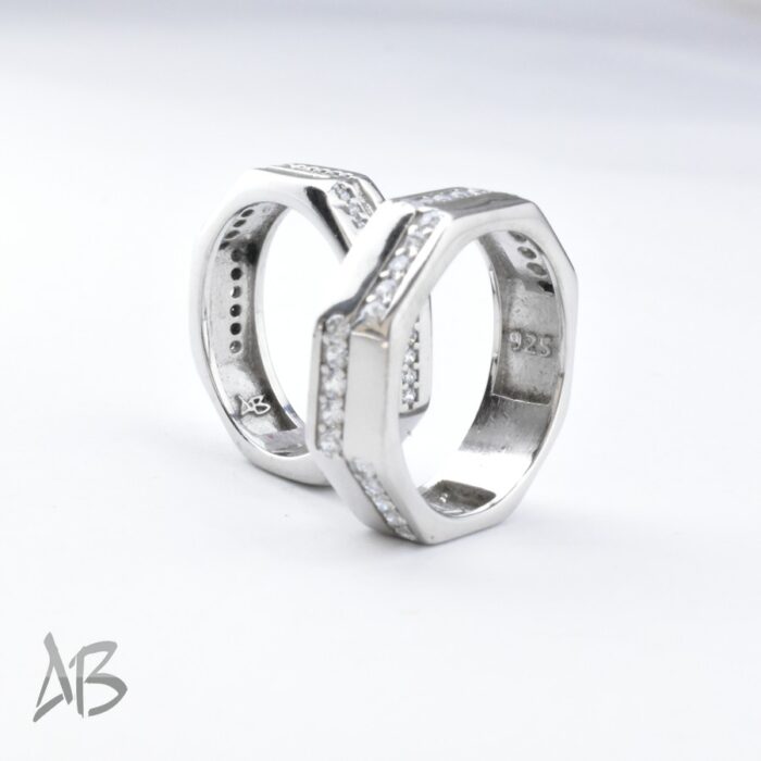 حلقه ست نقره طرح جدید و ظاهر مدرن مناسب ازدواج، نامزدی، با روکش طلا سفید آقابزرگ کد Set14 - Image 7