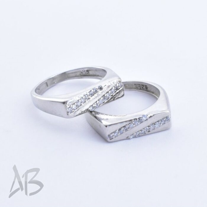 حلقه ست نقره مناسب ازدواج، نامزدی، با دو ردیف نگین سنتتیک زیبا، روکش رودیوم آقابزرگ کد Set4 - Image 4