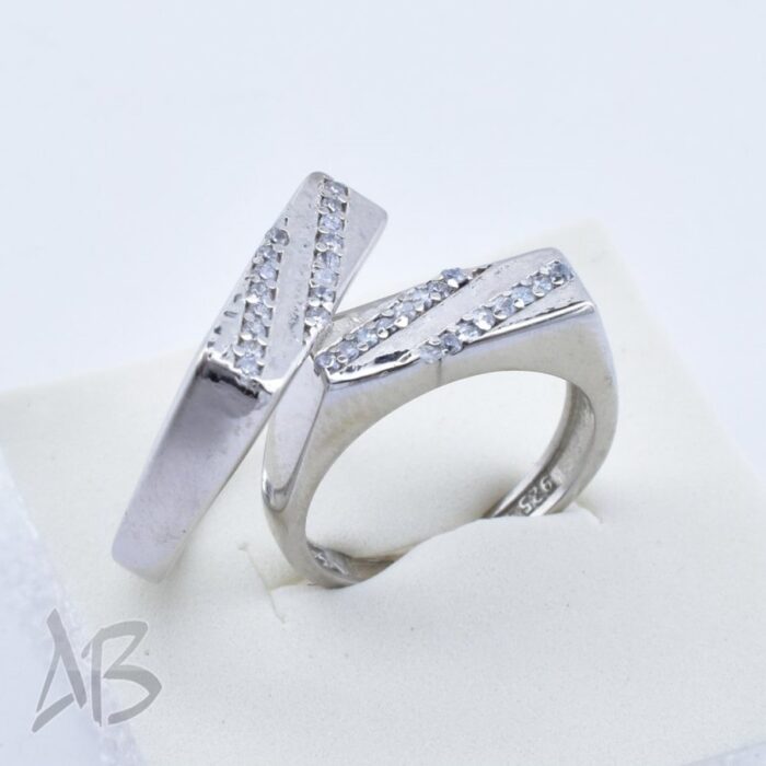 حلقه ست نقره مناسب ازدواج، نامزدی، با دو ردیف نگین سنتتیک زیبا، روکش رودیوم آقابزرگ کد Set4 - Image 5