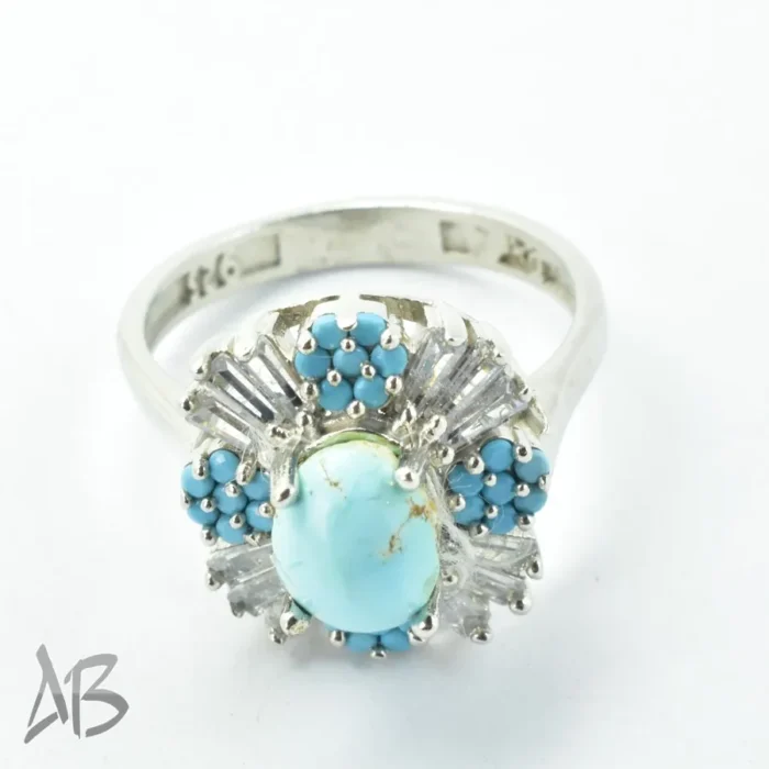 انگشتر نقره زنانه فیروزه نیشابور اصل عیار 925 با تزئین نگین‌های ریز رنگی آقابزرگ کد 692 - Image 4