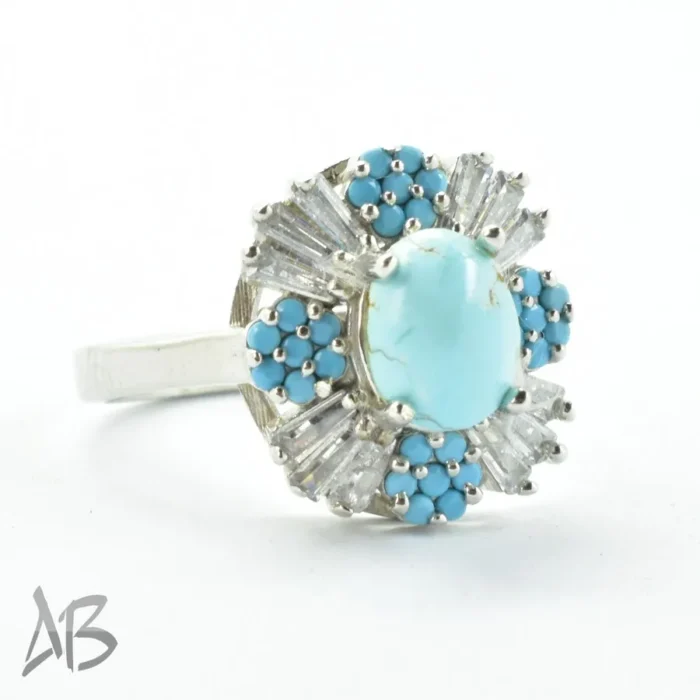 انگشتر نقره زنانه فیروزه نیشابور اصل عیار 925 با تزئین نگین‌های ریز رنگی آقابزرگ کد 692 - Image 5