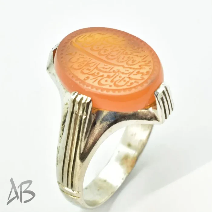 انگشتر نقره دست‌ساز صفوی چهار چنگ مردانه خطی عقیق یمنی مزین به آیه مَن یَتَق الله کد 212 - Image 6