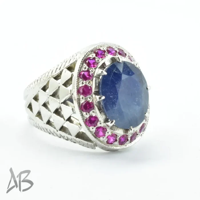 انگشتر نقره دست‌ساز مردانه خارجی یاقوت کبود بسیار زیبا همراه شبکه کاری کد 213 - Image 3