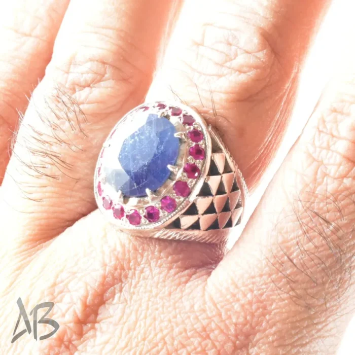 انگشتر نقره دست‌ساز مردانه خارجی یاقوت کبود بسیار زیبا همراه شبکه کاری کد 213 - Image 6