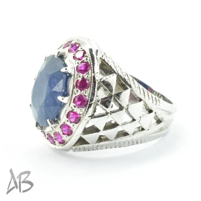 انگشتر نقره دست‌ساز مردانه خارجی یاقوت کبود بسیار زیبا همراه شبکه کاری کد 213 - Image 8