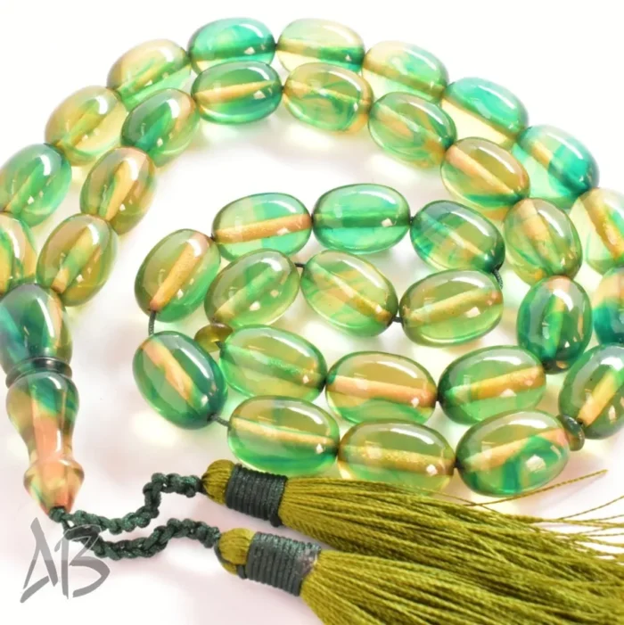 تسبیح کهربای 35 دانه بیضی کشیده رگه‌دار بسیار شکیل کد 1163 آقابزرگ - Image 9