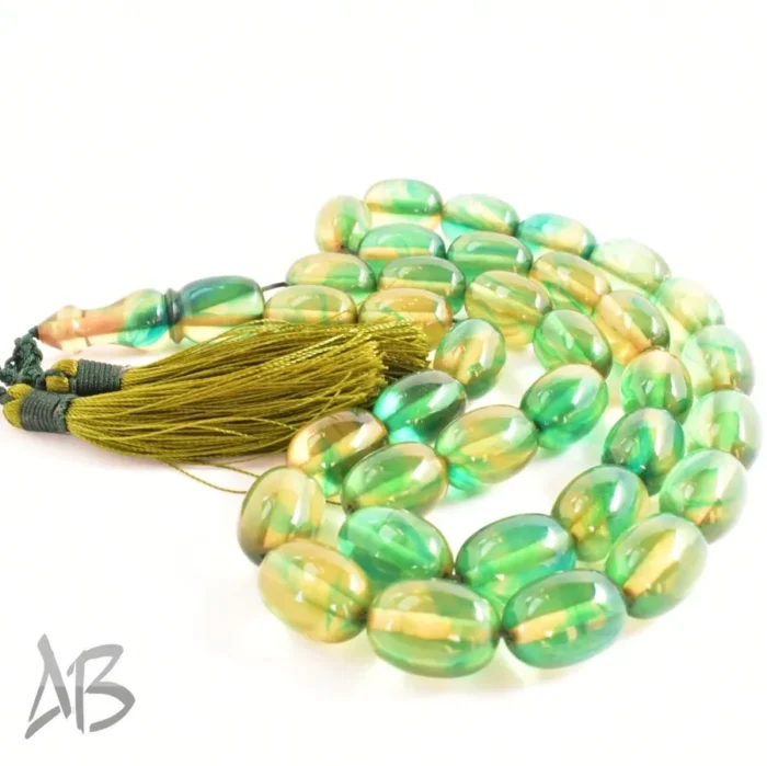 تسبیح کهربای 35 دانه بیضی کشیده رگه‌دار بسیار شکیل کد 1163 آقابزرگ - Image 10