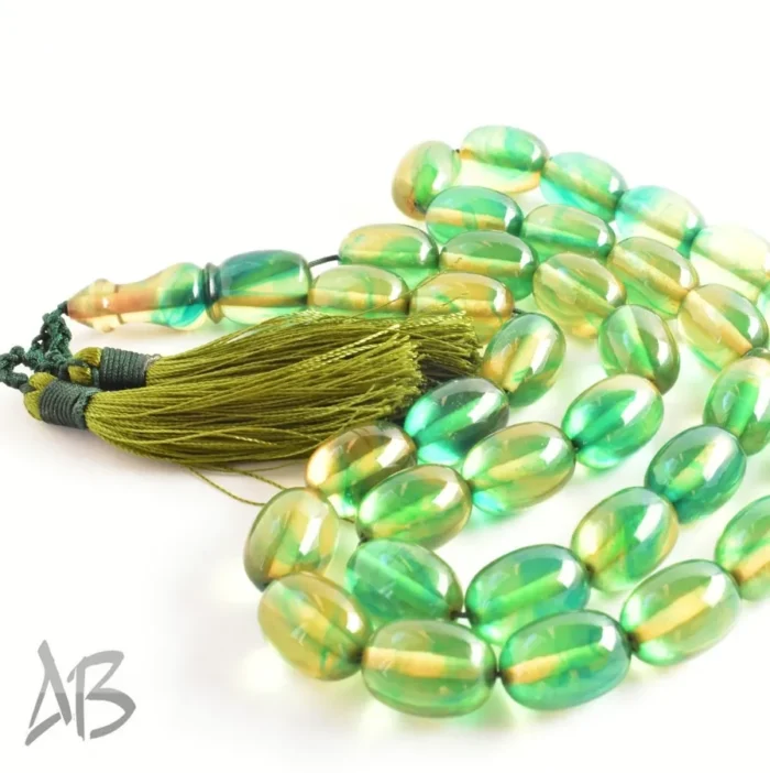 تسبیح کهربای 35 دانه بیضی کشیده رگه‌دار بسیار شکیل کد 1163 آقابزرگ - Image 5